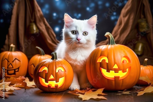 White kitten playing with pumpkins, halloween holiday concept