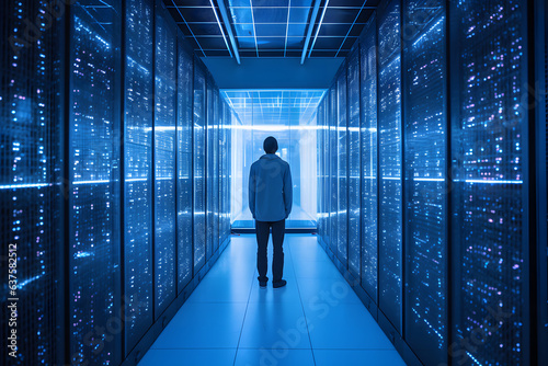 Man standing in a corridor of servers