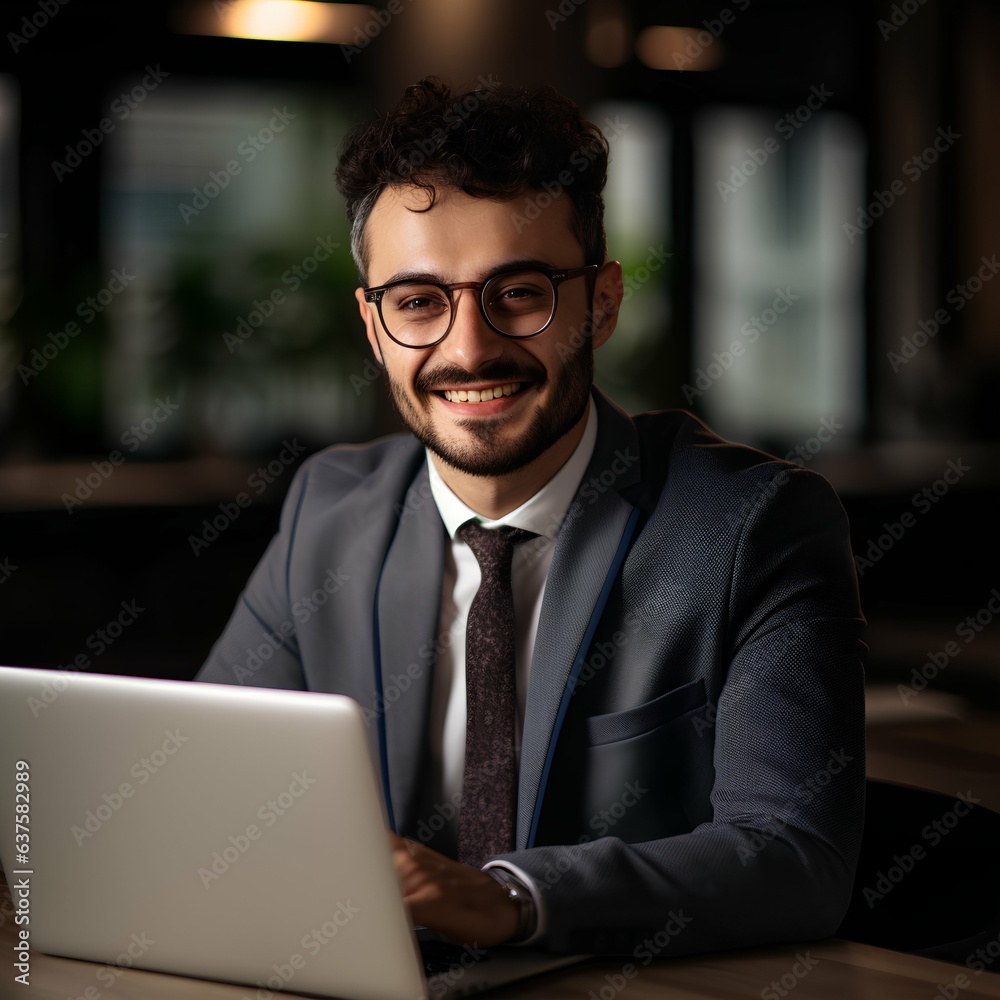 smiling middle-eastern businessman working on laptop computer