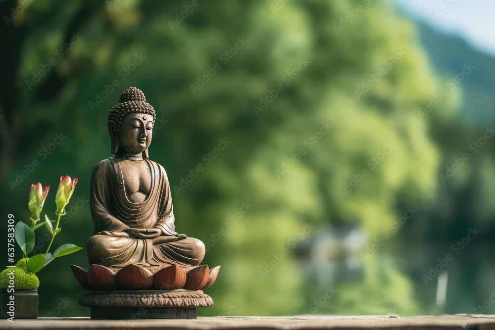 buddha statue on a rock lakeside natural spa background