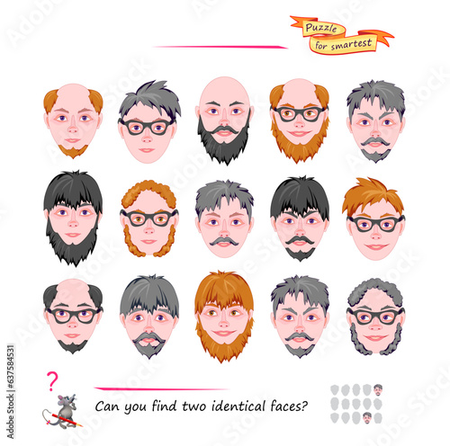 Logic puzzle for children and adults. Can you find two identical faces? Page for kids brain teaser book. Task for attentiveness.  IQ test. Play online. Vector cartoon illustration.