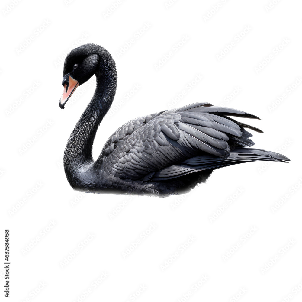 a Black swan floating side view in a Wildlife-themed, photorealistic illustration in a PNG, cutout, and isolated. Generative AI a Black swan floating side view in a Wildlife-themed, photorealistic illustration in a PNG, cutout, and isolated. Generative AI