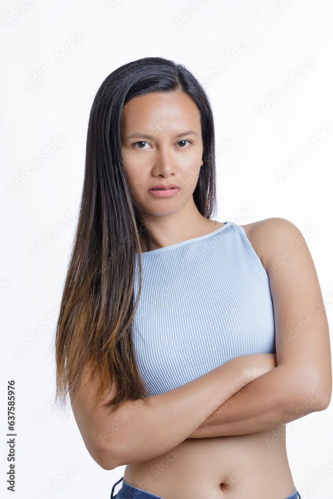 Asian American Woman showing emotions of anxiety isolated white background Asian American Woman showing emotions of anxiety isolated white background
