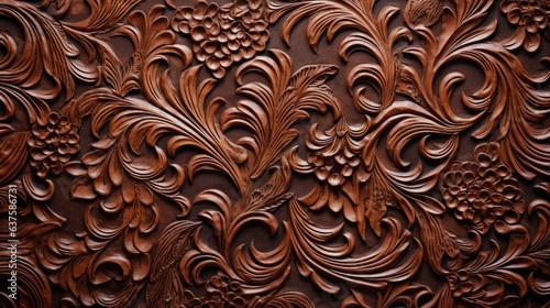 an ornamental Abstract Tooled leather, Horizontal background, Ornamental designs, carved and engraved in leather. Ornamental art Abstrac-themed, photorealistic illustrations in JPG. generative ai