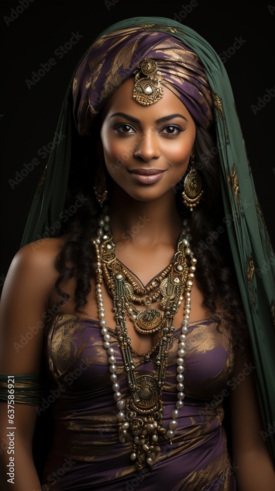 Portrait of a beautiful African woman in a luxurious purple green bejeweled outfit. Portrait of a beautiful African woman in a luxurious purple green bejeweled outfit.