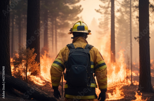 Illustration The back of a firefighter against the backdrop of a forest burning by wildfire.Generative AI