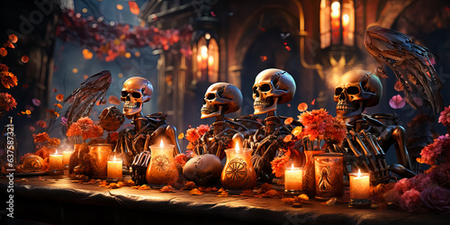 illustration of skeletons which sitting at the Halloween table with pumpkins