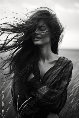 Happy girl with long hair in the field. Black and white picture.