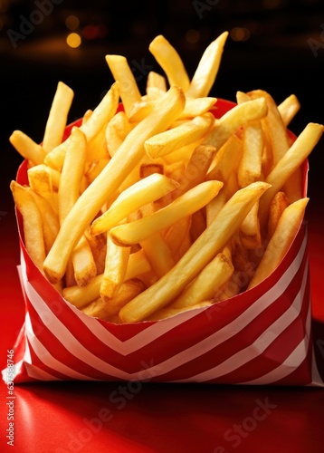 Fries inside a red bag on red background