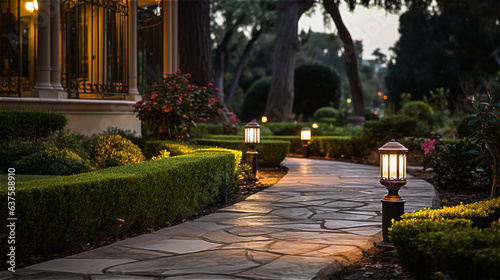 rough stone path illuminated by iron garden lights surrounded by hedge, backyard landscape at evening, created with Generative AI Technology.