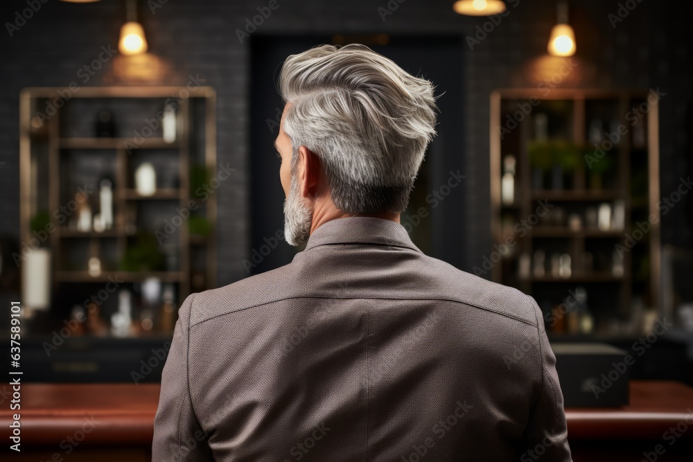 Back view of young graying man in a barbershop. Concept beauty and care for men. Generative Ai