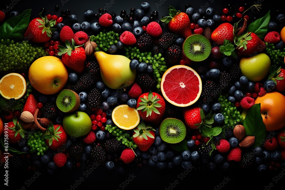 top view of fresh fruits, vegetables and berries on black background | Generative AI top view of fresh fruits, vegetables and berries on black background | Generative AI