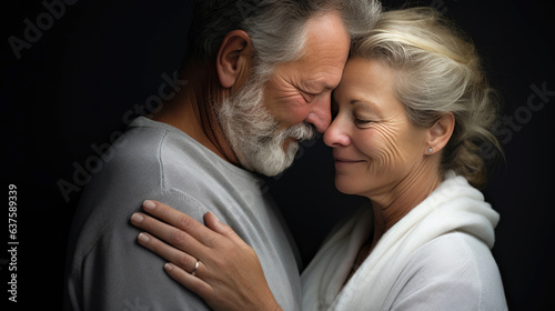 A tender moment between a loving couple as they share a close embrace. Their expressions radiate warmth, happiness, and a profound bond that is palpable. Generative AI