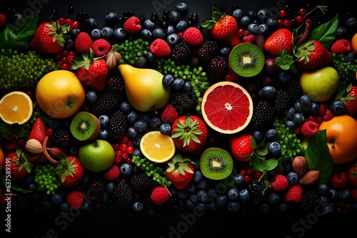 top view of fresh fruits, vegetables and berries on black background   Generative AI © Kay