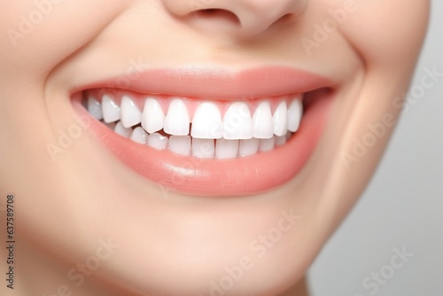 Snow-white smile of a woman. Demonstration of healthy teeth.