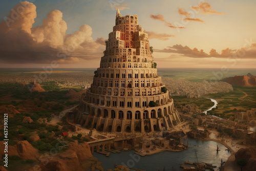 Foto Tower of Babel in Babylon, photorealistic depiction of the mythological architectural marvel of the ancient world mentioned in the Bible in the golden hour