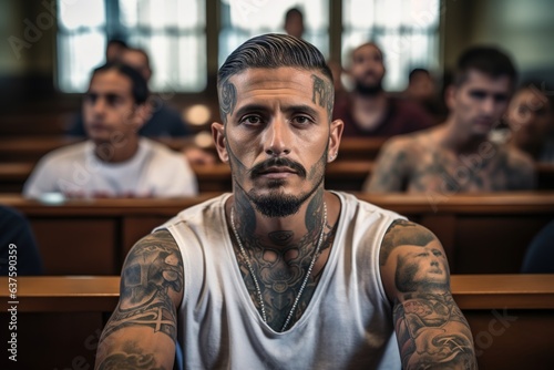 Portrait of the defendant with tattoos in court. The concept of justice.
