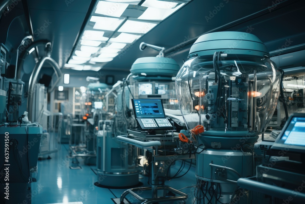 Modern equipment in operating room. Medical devices for neurosurgery. Background