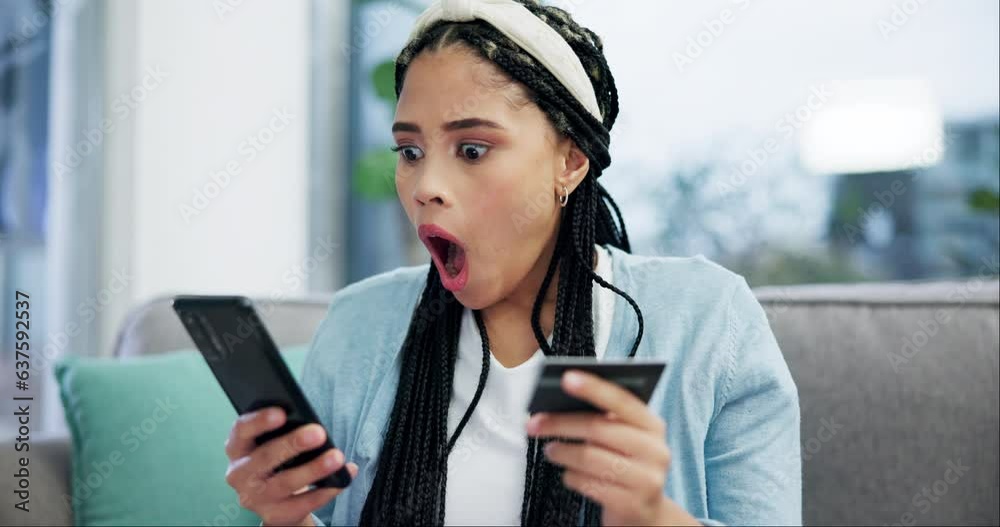 Woman, phone and credit card with stress, payment and shock with error, glitch and price in home living room. Girl, bad customer experience and e commerce with smartphone, shopping and mistake on app