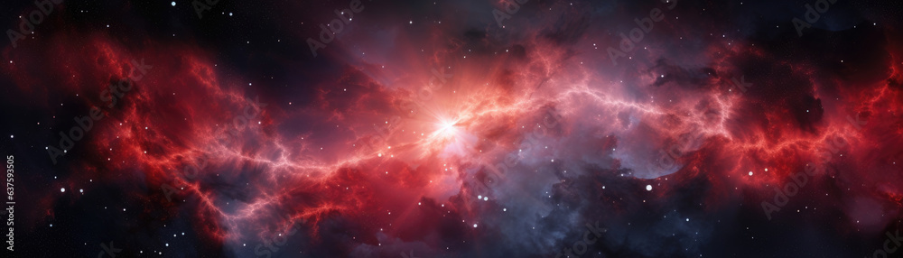 A massive bright red nebula swirling and spinning the supernova remnant of an old star that exploded long ago. Small bright white stars glimmer and sparkle against a backdrop of red and pink clouds A massive bright red nebula swirling and spinning the supernova remnant of an old star that exploded long ago. Small bright white stars glimmer and sparkle against a backdrop of red and pink clouds