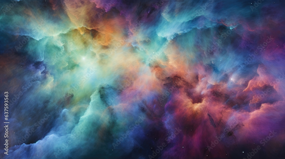 Dynamic shades of blues and greens form the canvas of this stunning nebula punctuated by shades of purples and pinks. Bright stars dot the image and cast an ethereal light on the dark clouds of gas