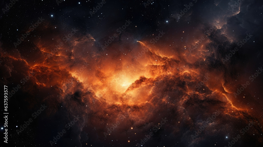 This  presents a breathtaking interstellar landscape with a dark starfilled sky framed against orange nebulae from production of star formation. The fers a unique combination of color and - obrazy, fototapety, plakaty 