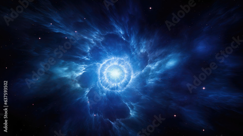 The silhouette of a white dwarf appears in the forefront of a pinwheelshaped nebula its core wispy and transparent. It is releasing a gentle cobalt blue glow becoming more distinct as it cools photo