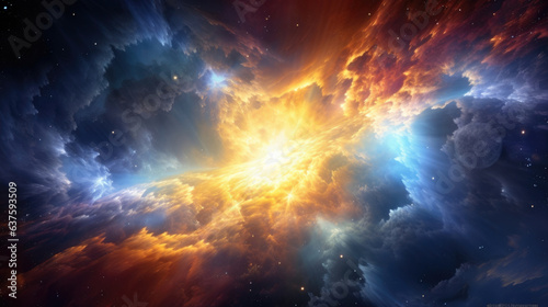 A stunning mix of blue and yellow clouds radiating outward from a center of pure white light the remnants of a longpast stellar explosion. Deep blue nebulae sparkle against a yellow background while