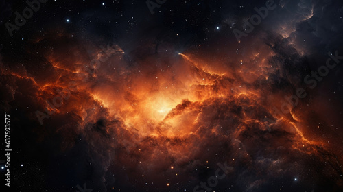 This presents a breathtaking interstellar landscape with a dark starfilled sky framed against orange nebulae from production of star formation. The fers a unique combination of color and