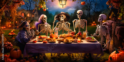 illustration of skeletons which sitting at festive table and celebrating Halloween. Halloween party. 