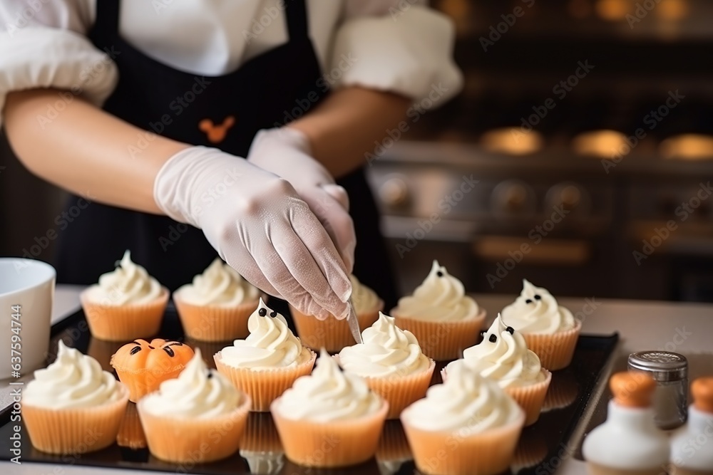 Woman confectioner prepares cakes for Halloween.
