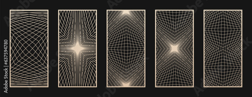 Collection of modern laser cut panels. Abstract geometric patterns with thin line cube grid, optical illusion effect. Decorative stencil for laser cutting of wood, metal, acrylic. Aspect ratio 1:2