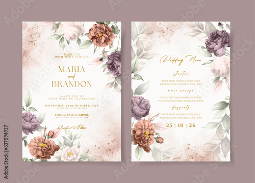 Floral wedding invitation and menu template set with puprle white roses and leaves decoration
