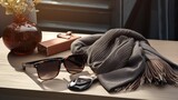 A stylish arrangement of accessories, including sunglasses, a watch, and a scarf, laid out on a wooden table.