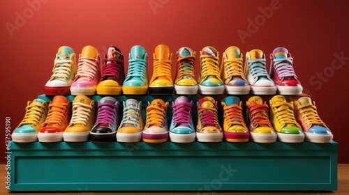 Playful and bright scene with a collection of trendy sneakers.