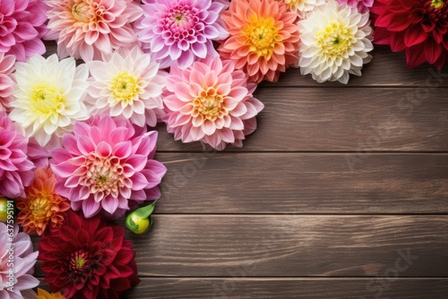Dahlia flowers on white wooden background floral flat lay