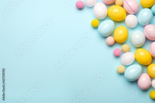 Easter party concept. Top view photo of easter bunny ears white pink blue and yellow eggs on isolated pastel blue background with copyspace in the middle   Generative AI