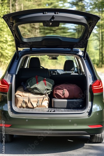The trunk of a car full of suitcases and things. Travel by car.