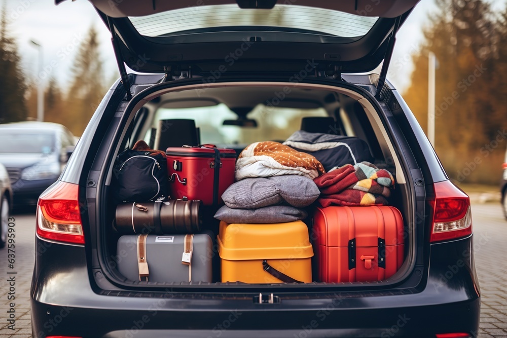 The trunk of a car full of suitcases and things. Travel by car. - obrazy, fototapety, plakaty 