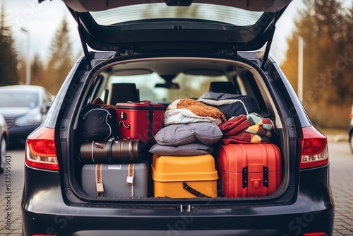 The trunk of a car full of suitcases and things. Travel by car. photo
