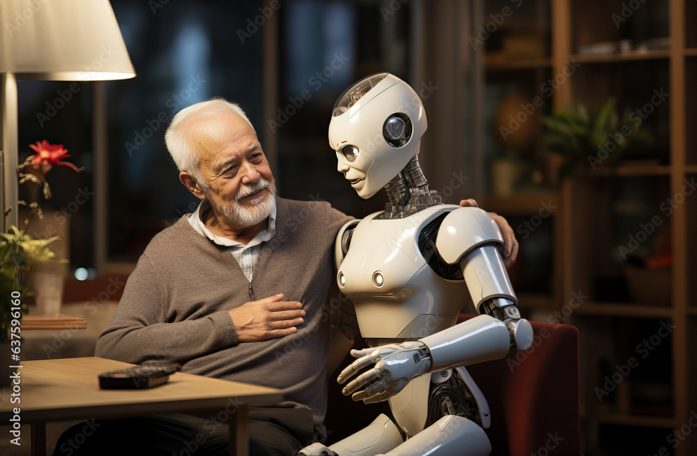 A man sitting next to a robot assistant in a modern setting A man sitting next to a robot assistant in a modern setting