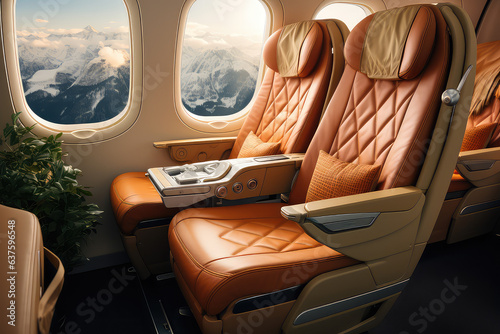 Empty Premium comfort First class orange seats, luxury armchairs in plane for travel. © SnowElf