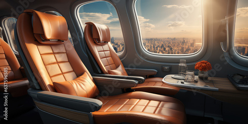 Empty Premium comfort First class orange seats, luxury armchairs in plane for travel.