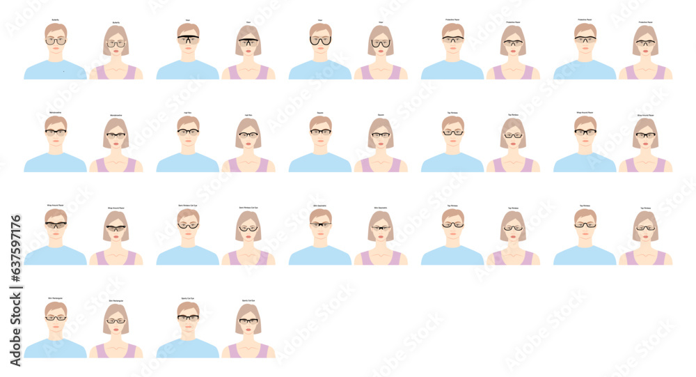 Set of Half Rim frame glasses on women and men flat character fashion accessory illustration. Sunglass front view silhouette style, flat rim spectacles eyeglasses, lens sketch style outline isolated Set of Half Rim frame glasses on women and men flat character fashion accessory illustration. Sunglass front view silhouette style, flat rim spectacles eyeglasses, lens sketch style outline isolated