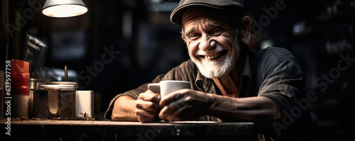 In this portrait of a Toolmaker an animated grin lights up his face as he takes a break from crafting tools to indulge in a cup of coffee showing the satisfaction derived from his skilled employment