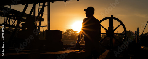 A silhouette outline of a Millwright on the horizon. The sun behind them casting a silhouette on the horizon and the Millwright standing ready for work. photo