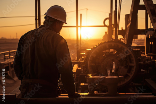 The sun slowly slipping below the horizon in the background a Millwright surveys a dusty site. Tower of machinery emerge from the shadows and the skills of the Millwright shine. photo