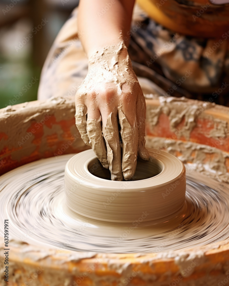 The Ceramics Workers arm works in rhythm as she spins the pottery wheel to create an even shape for her finished piece.