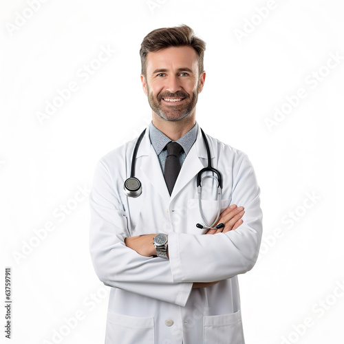 Healthcare, medical staff concept. Portrait of smiling male doctor posing with folded arms on white studio background, free space. Professional general practitioner. © Fotos97