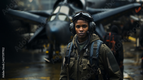Female African American fighter pilot soldier stands outside her fighter jet - generative AI.